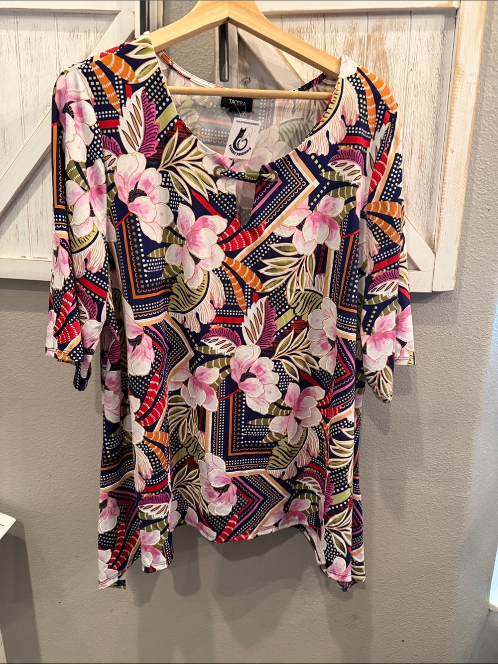 Tacera Floral & Geometric Short Sleeve Blouse in Pink, Navy & Orange ptp 24